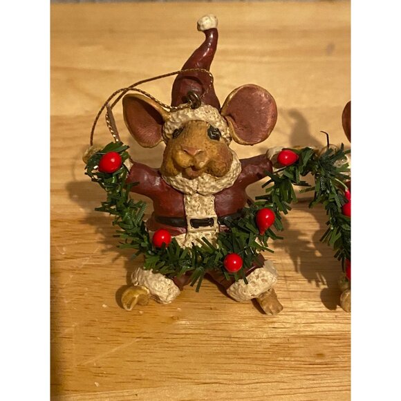 Set of 2 Vintage Kurt Adler Santa Mouse Christmas Tree Ornaments With Garland - Picture 2 of 8
